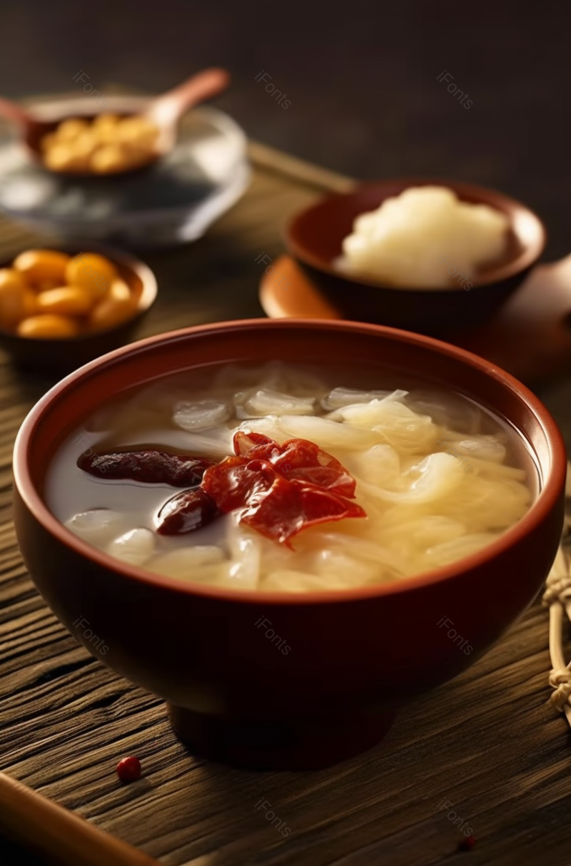 一碗丰富的银耳莲子羹材料中国食品枸杞红汤水熟的有营养的甜食餐饮美食实拍图像摄影,高清,摄影图,摄影图片,图片大全,摄影图免费下载